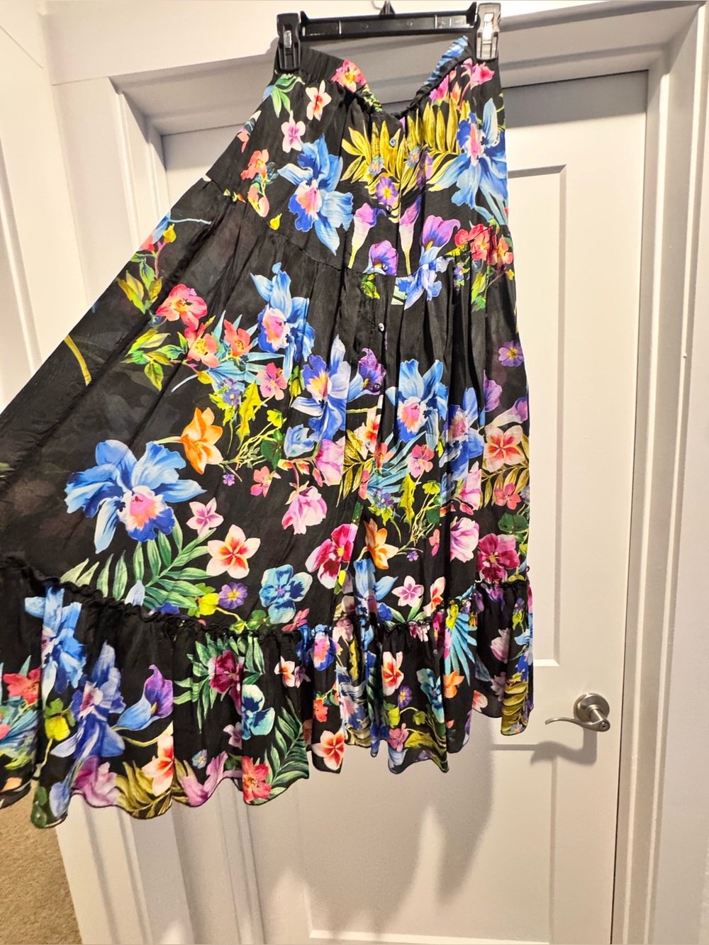 Johnny Was Black Floral Maxi Skirt with Vibrant Tropical Print